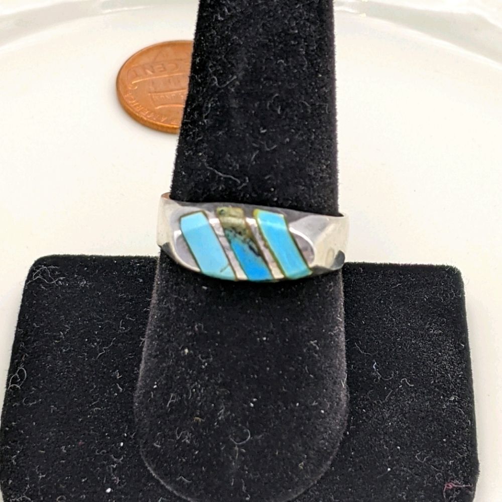 Turquoise Inlaid 925 Silver Mexico Stamped Ring